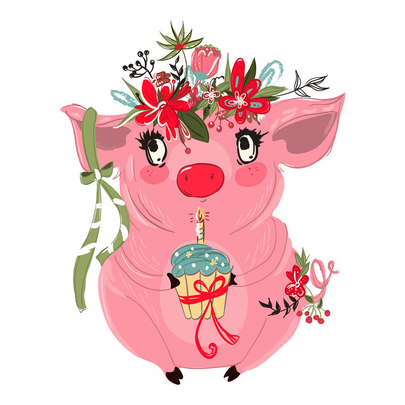 手绘小猪-可爱漂亮-头上有花环和蝴蝶结-猪把生日蛋糕（蛋糕）和蜡烛放在一起