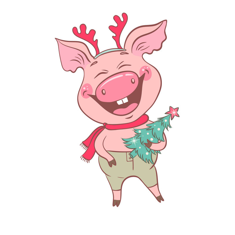 有趣可爱的笑猪头上有圣诞鹿角