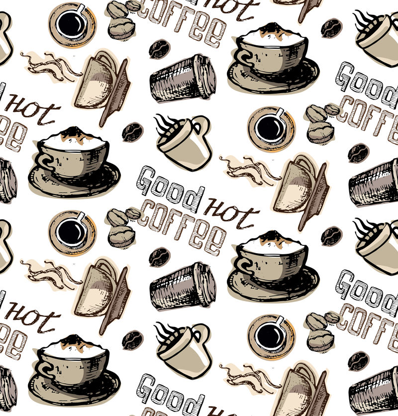 咖啡无缝图案-咖啡豆-磨坊-杯子-海报包装纸的设计元素-矢量图解