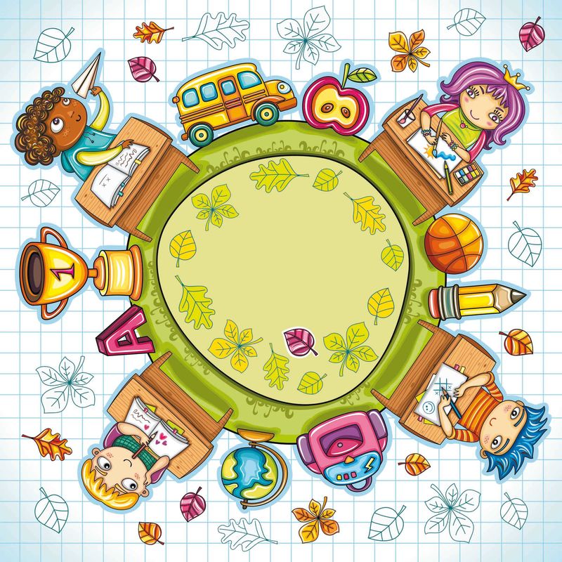 色彩丰富的圆形构图-带有可爱的小学生和学校设计元素-为文本留出空间