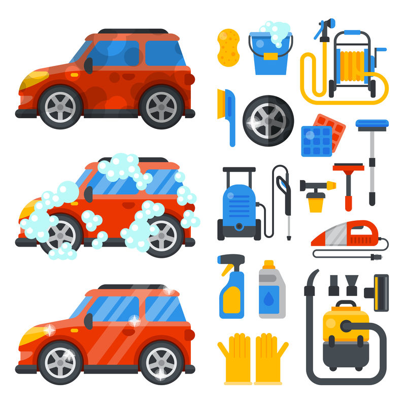 洗车服务清洁工具运输汽车清洁保养汽车设计洗车站矢量图