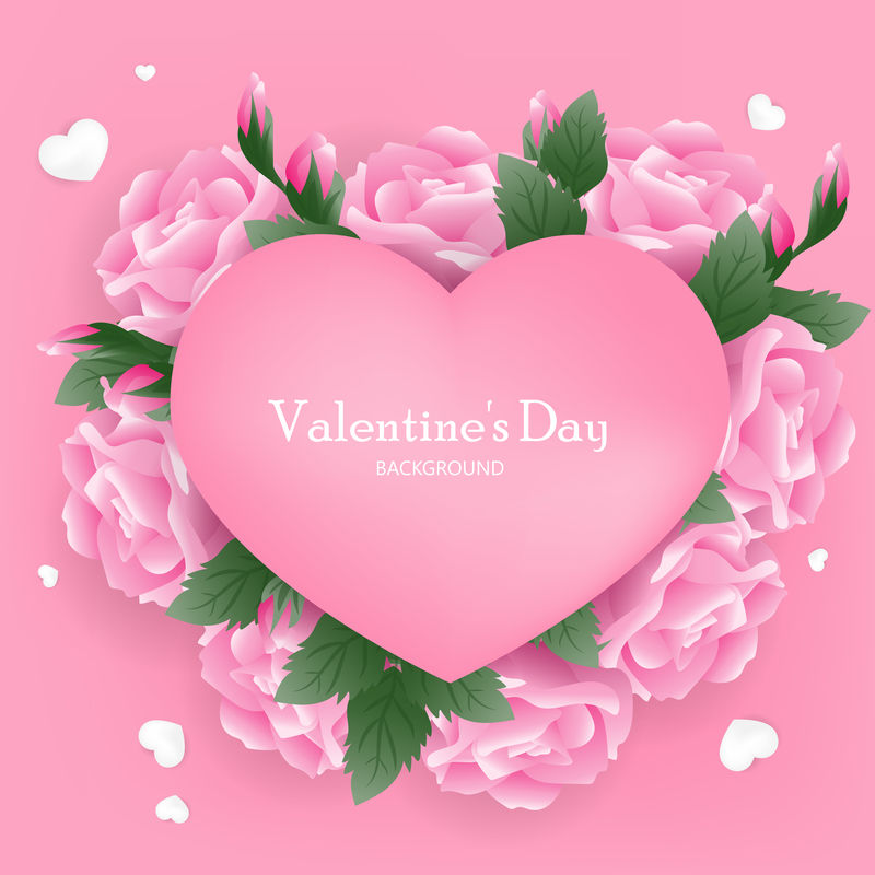 情人节背景-心脏周围有粉色玫瑰-爱情和情人节的概念