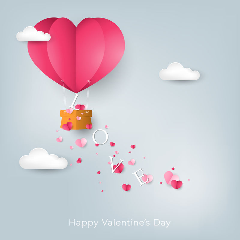 情人节的背景是剪纸心形的热气球-天空中飘着粉色的小心形云-爱情和情人节的概念-纸艺术风格