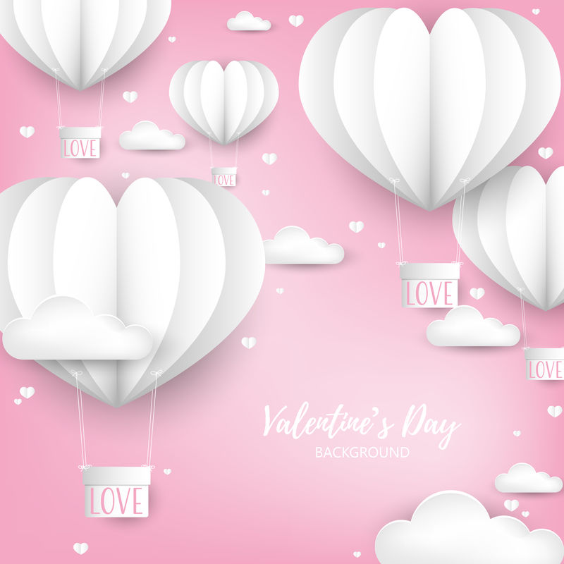 情人节的背景是剪纸的白色心形热气球和挂在盒子里的爱情文字-爱情和情人节的概念-纸艺术风格