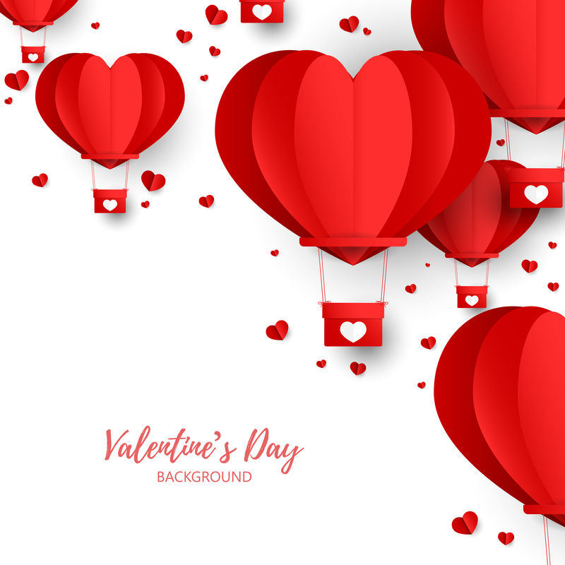 情人节的背景是剪纸的红心形状的热气球和小小的红心-爱情和情人节的概念-纸艺术风格