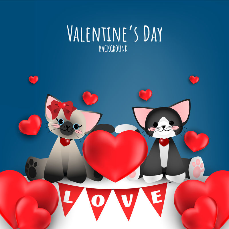 两只可爱的猫的矢量图-红色的心和粉红色背景上的爱情文字