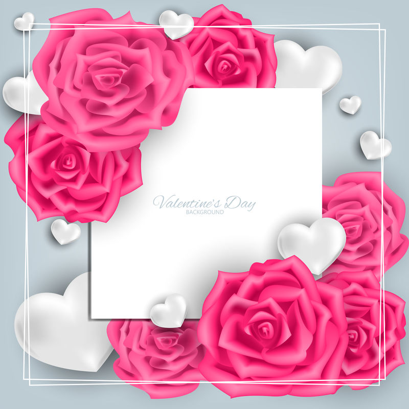 情人节背景为白色心形粉色玫瑰和白色框架
