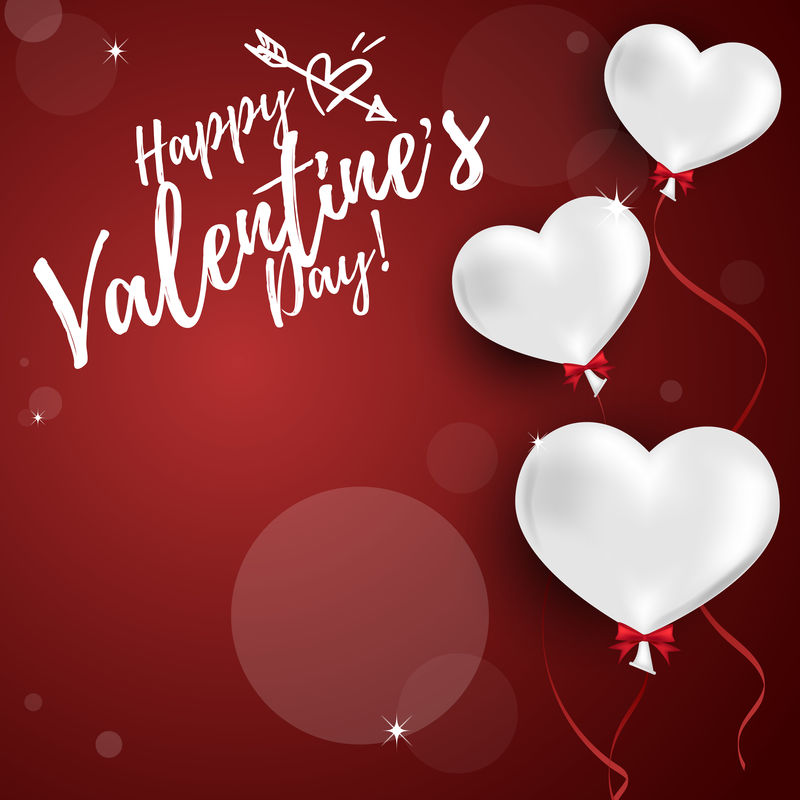 情人节背景-白色心形气球-丝带-情人节快乐短信