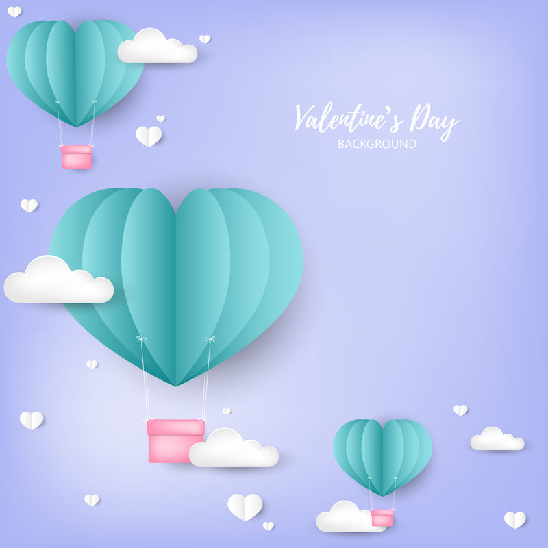 情人节的背景是剪纸的心形热气球-天空中的小心形云-爱情和情人节的概念-纸艺术风格