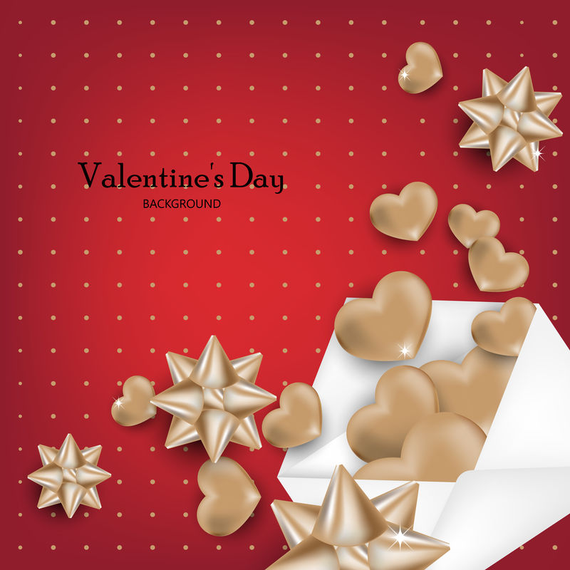情人节的背景是红色背景下信封上的金色心形图案-爱情和情人节的概念