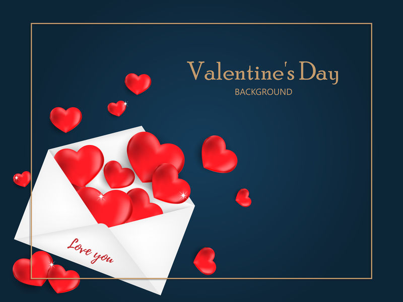 情人节的背景色为红心-从信封中取出-蓝色背景上有金色边框-爱情和情人节的概念