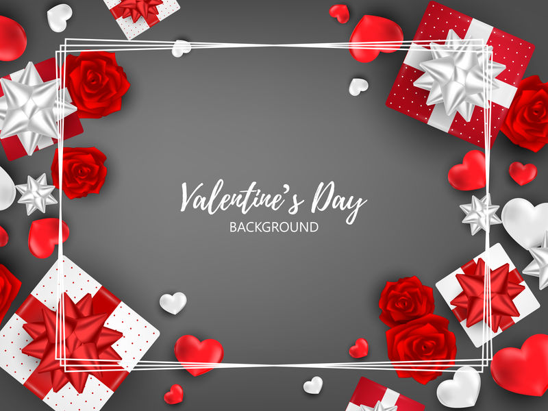 情人节的背景是现实的礼品盒玫瑰和红心-情人节的背景广告和促销概念