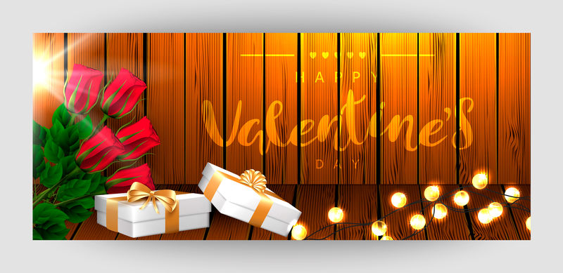 模板水平节日木板背景-红玫瑰-花环-带金蝴蝶结的白色礼品盒-铭文刻字“情人节快乐”-矢量