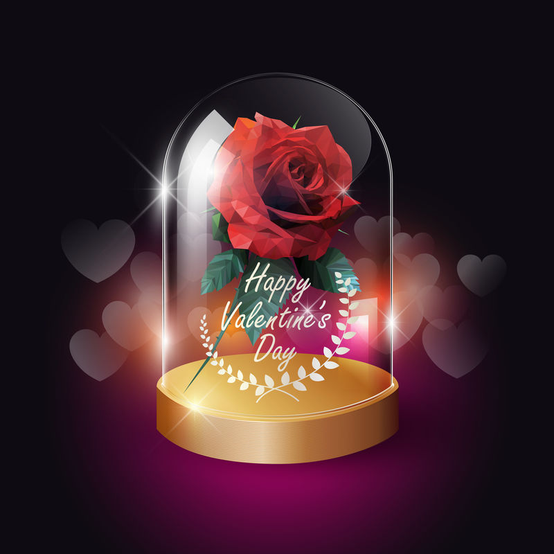透明玻璃穹顶和心形波基红玫瑰低聚风格-情人节概念-矢量背景