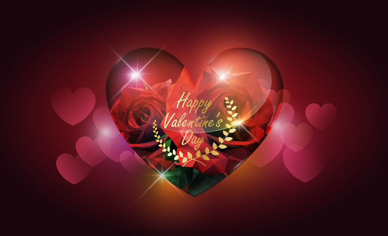 心形透明玻璃和红玫瑰低聚型心形博克背景-情人节概念-矢量背景