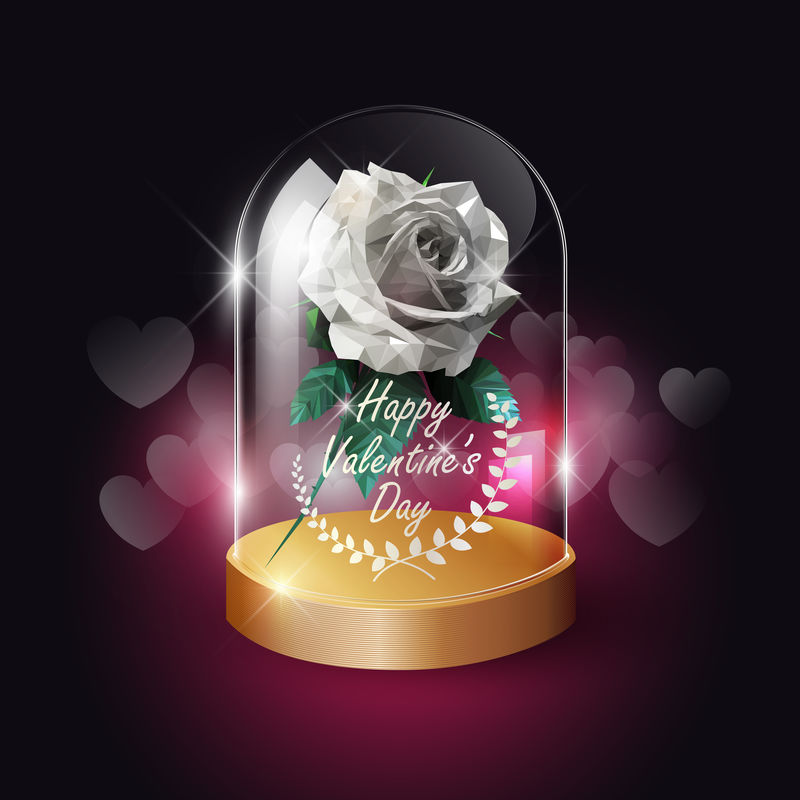 透明玻璃穹顶和白玫瑰低聚型心形博克背景-情人节概念-矢量背景