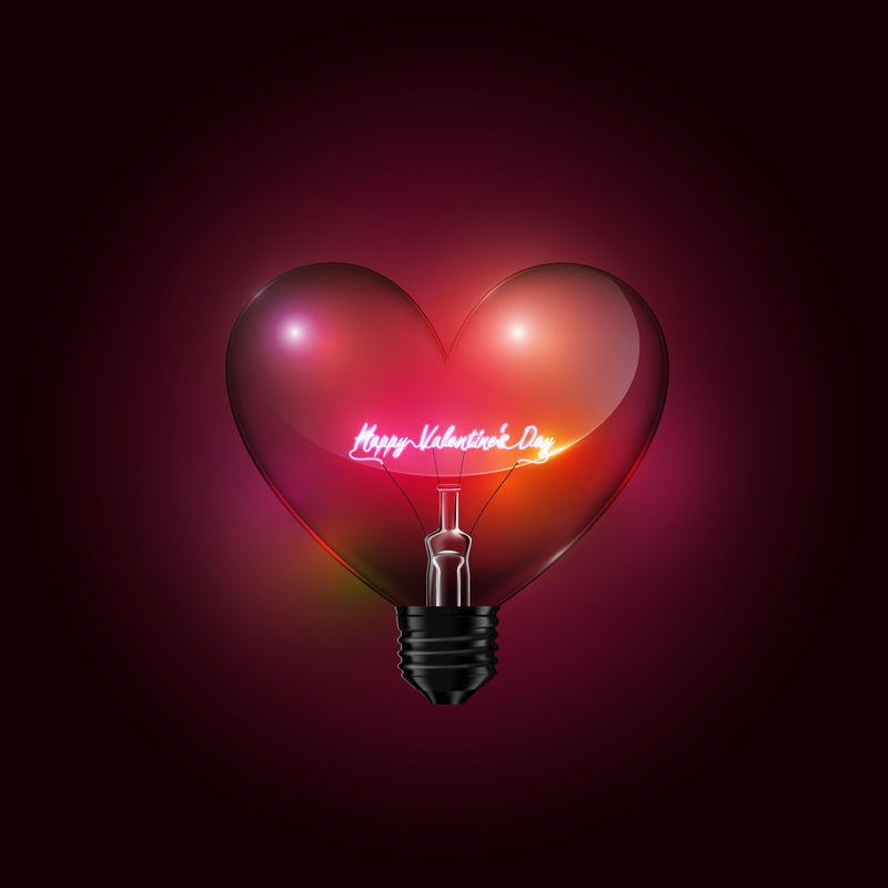 心形透明玻璃灯泡-红色背景上印有快乐情人节字样-带有情人节概念-矢量背景