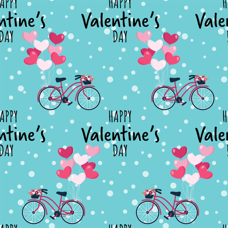 情人节无缝图案-粉色自行车-心形气球-柳条篮装满春天的花朵-情人节快乐的文字-爱情和情人节的概念