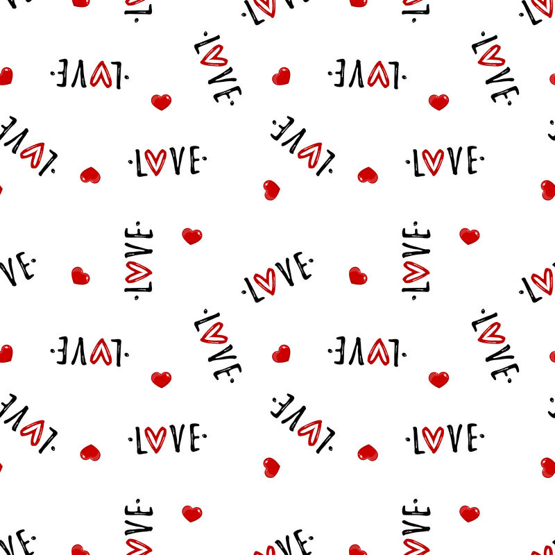 情人节的无缝图案-带有红色心形和爱情文字