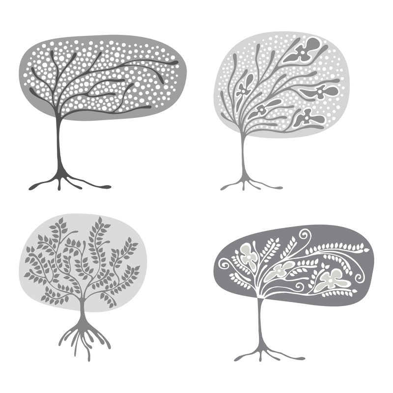 矢量集手绘插图装饰装饰程式化树在白色背景上孤立的图形插图装饰性艺术装饰手绘剪影