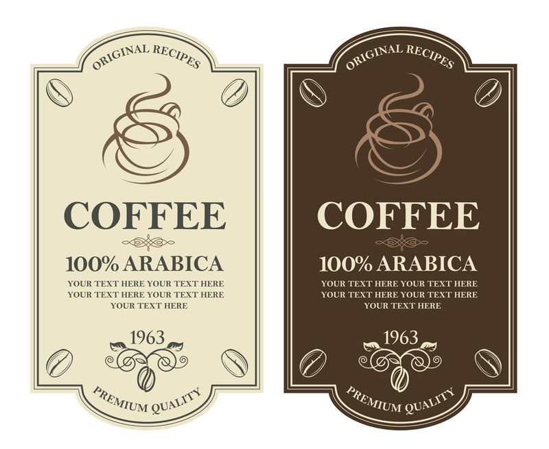 咖啡标签的收集-包括树枝豆子和杯子