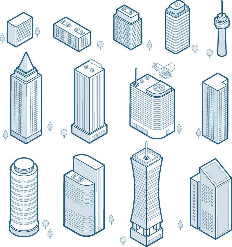 等距轮廓现代建筑集-等距城市摩天大楼图标孤立在白色背景-城市建筑的线性象形图-设计元素-向量eps 10