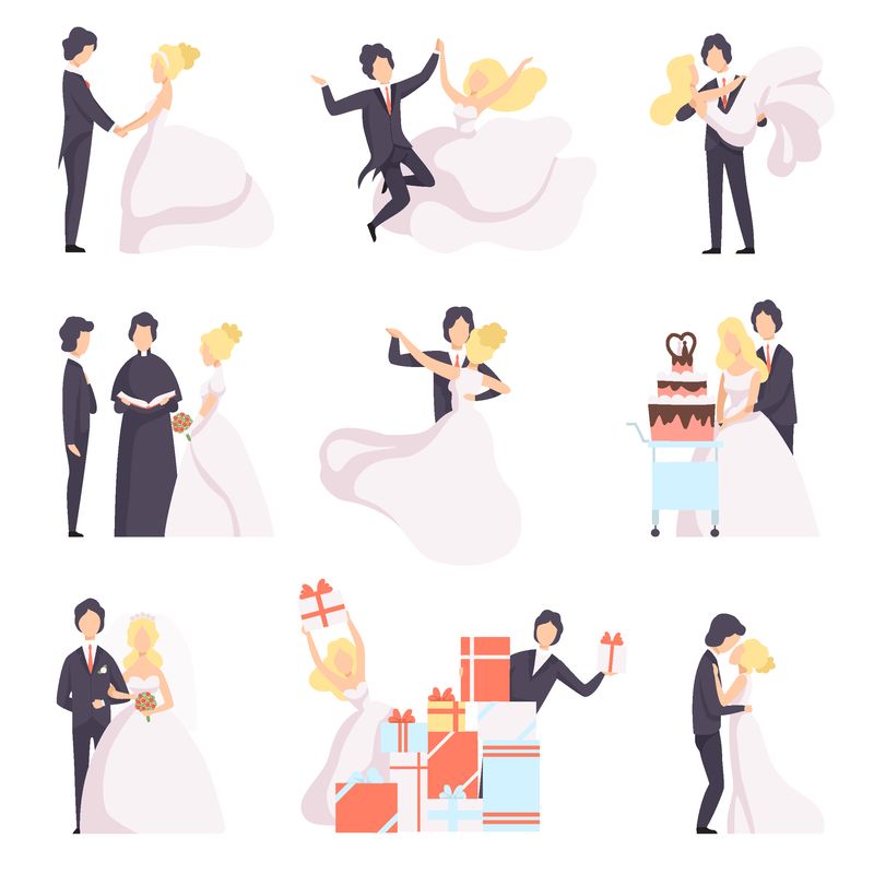 喜庆新婚夫妇套装-新娘和新郎在白色背景上庆祝结婚跳舞拥抱切蛋糕矢量图