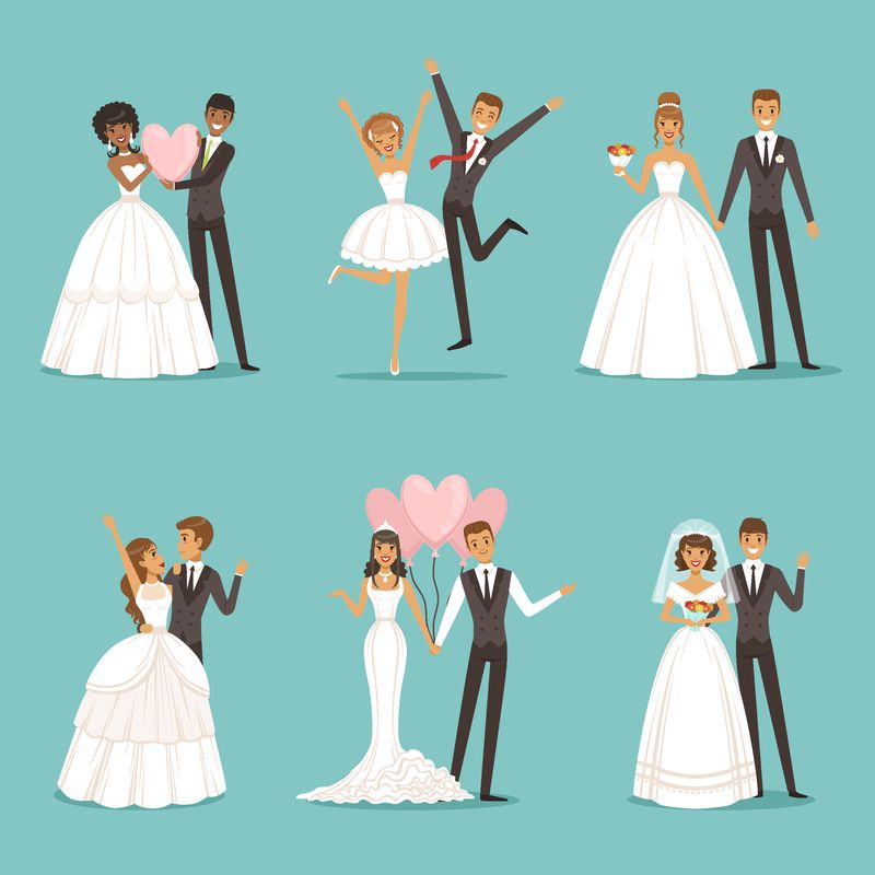 已婚夫妇的角色集-卡通风格的婚礼吉祥物设计-穿着漂亮衣服的新娘