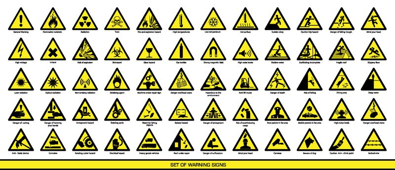 收集警告和安全标志-一套安全警示标志-危险迹象和警报