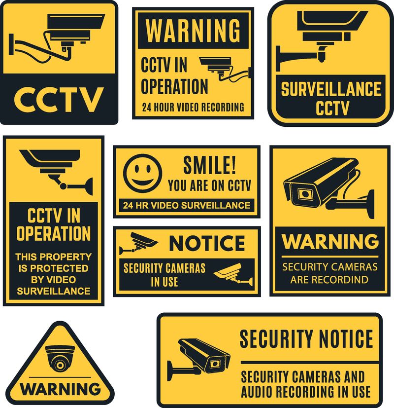 闭路电视警告标志设置-视频系统控制-用于指示和警告闭路电视系统的标志-矢量平面卡通插图-白色背景隔离