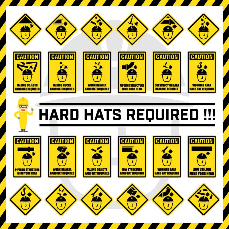 一套安全警示标志和符号用于提醒工人注意他们的头部-该区域需要安全帽的标志