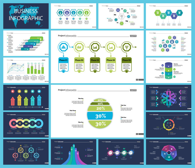 商务信息幻灯片设计集可用于演示文稿年度报告网页设计-管理理念-流程选项比较图面积图流程图圆环图