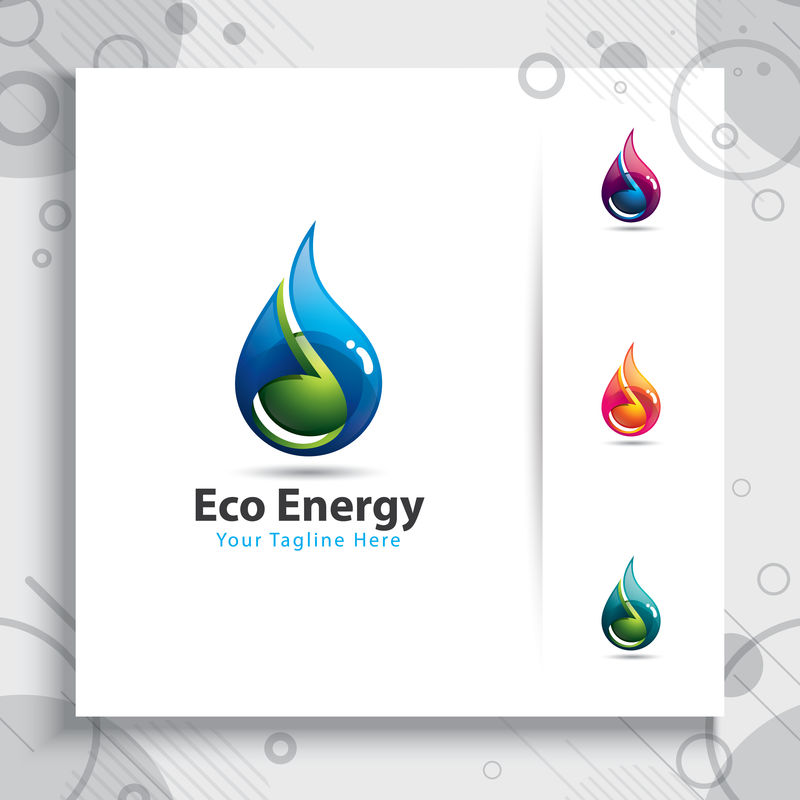 水滴标志矢量设计-现代风格-简洁多彩的概念-标志图标三维淡水和绿叶为健康和工业公司