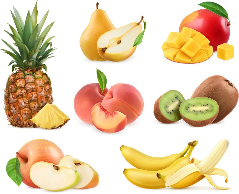 甜水果-香蕉-菠萝-苹果-芒果-猕猴桃-桃子-梨-全部和碎片-真实插图-三维矢量图标集