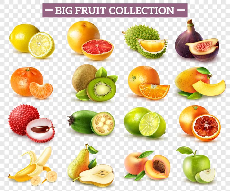 透明背景矢量图上各种水果的实景集合