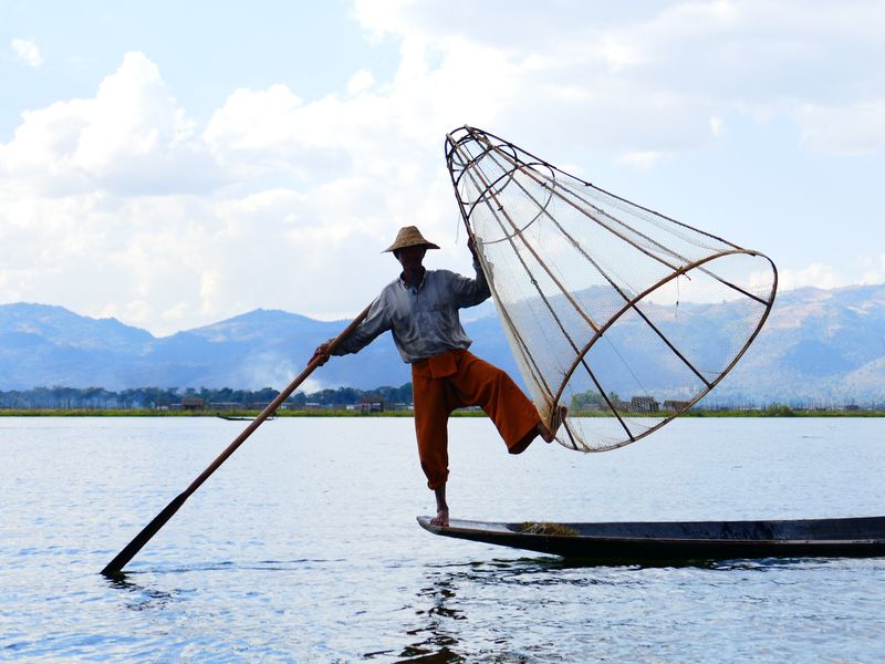 缅甸茵莱湖——2016年8月30日：一名身份不明的缅甸渔民在船上用特制的手工网捕鱼-这是缅甸传统的捕鱼方式