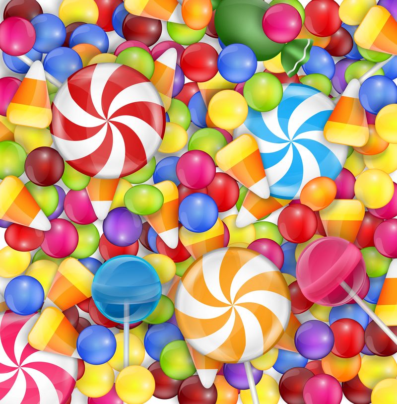 糖果背景与棒棒糖，玉米糖和树胶球