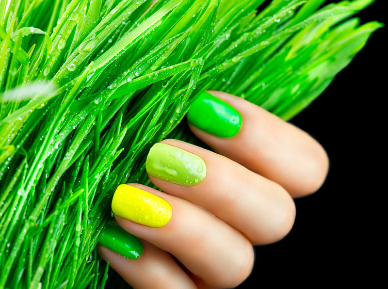 春季美甲。时髦的绿色指甲。青草美甲