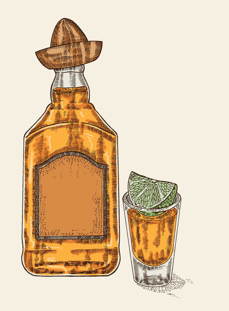 用瓶子和玻璃杯装的龙舌兰酒。手绘龙舌兰酒