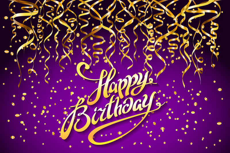 矢量紫色聚会背景。生日快乐庆典设计，矢量金色纸屑元素，贺卡模板紫罗兰色