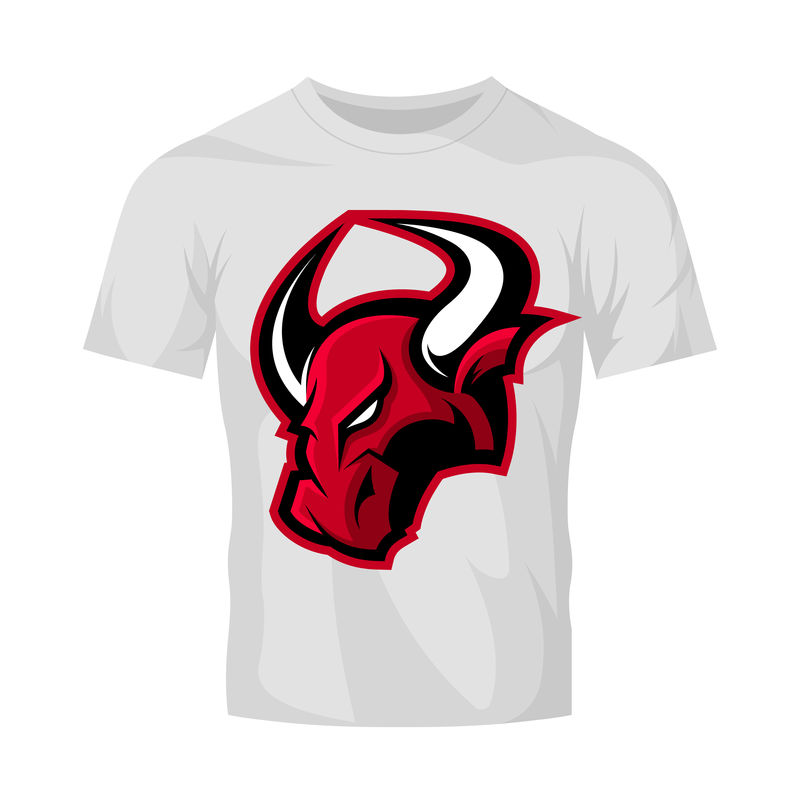 红色狂暴的牛头运动矢量标识概念孤立于白色T恤模型上-专业团队徽章设计-优质野生动物T恤T恤印花插图