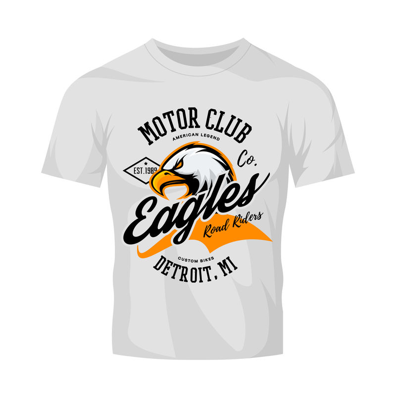 复古美国鹰定制自行车电机俱乐部T恤矢量设计隔离在白色T恤上-底特律街穿T恤标志-优质野鸟优质标志概念插图