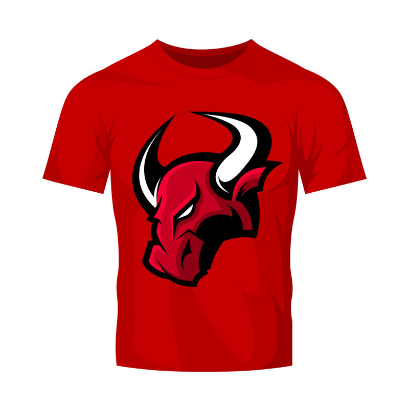 红色狂暴的牛头运动矢量标识概念隔离在红色T恤模型上-专业团队徽章设计-优质野生动物T恤T恤印花插图