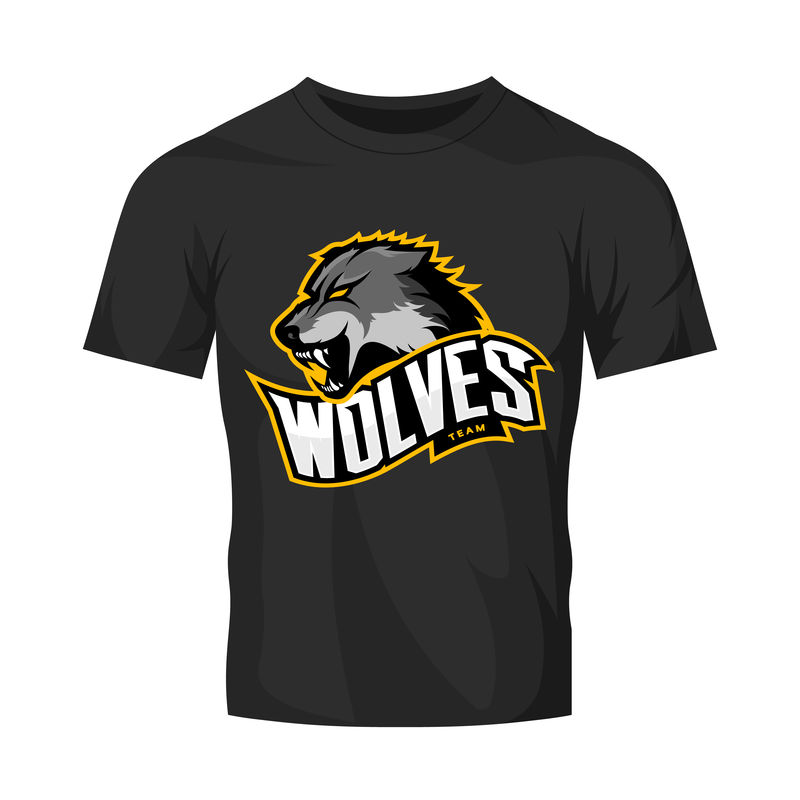 愤怒的狼运动矢量标识概念隔离在黑色T恤模型-现代职业捕食者团队象形图-优质野生动物T恤T恤图案设计