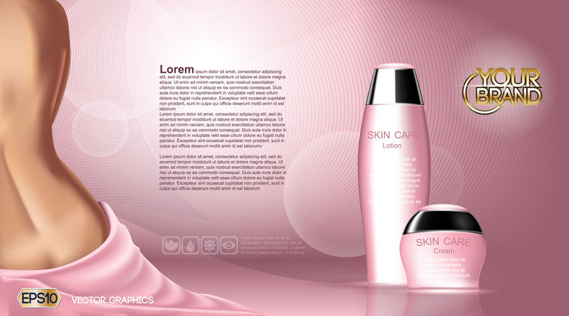 护肤美容美体霜和乳液。保湿化妆品广告模板。模拟3D现实女性轮廓图。淡粉色裸色