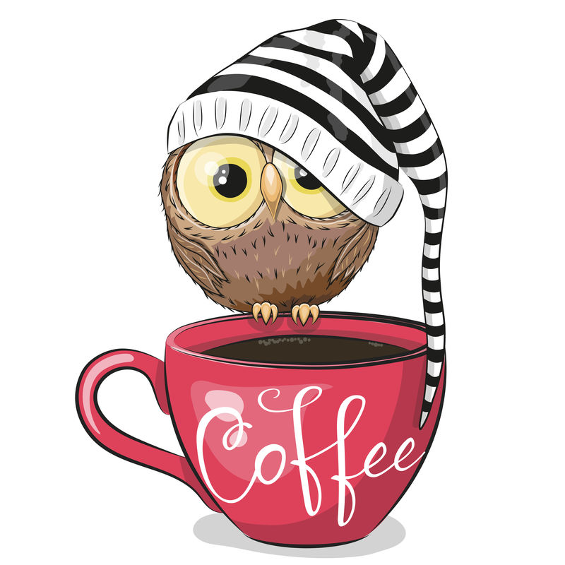 卡通猫头鹰坐在一杯咖啡上