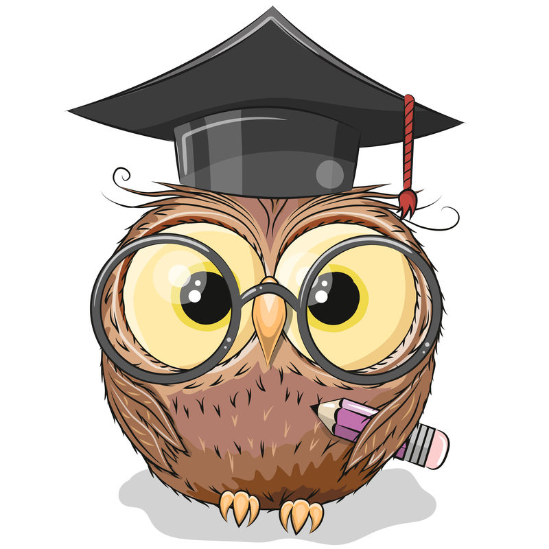 聪明的猫头鹰，带着铅笔，戴着毕业帽