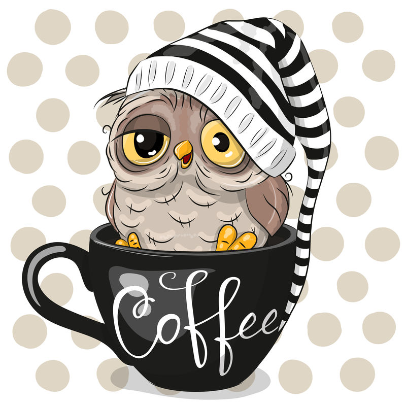 卡通猫头鹰坐在一杯咖啡里