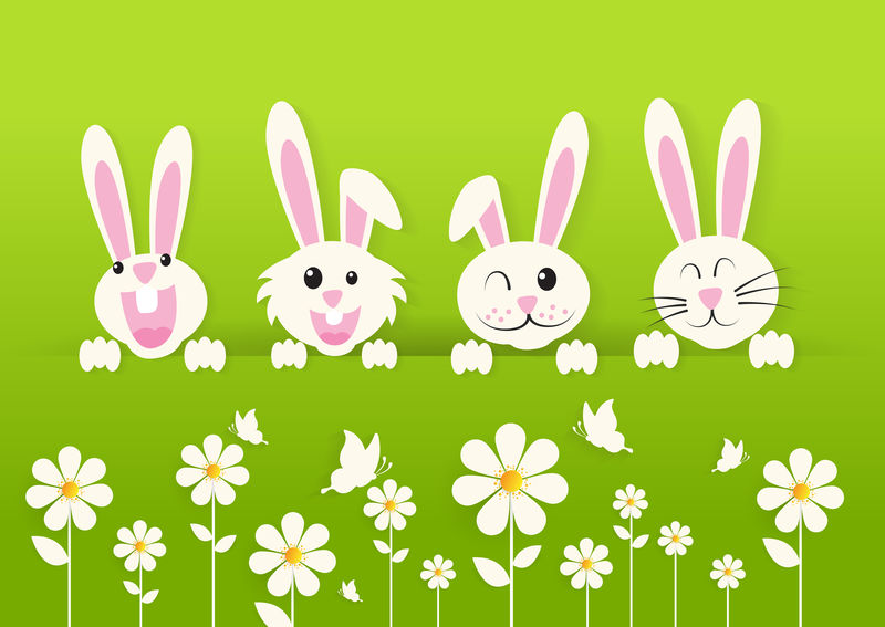 复活节快乐，有花的兔子，纸艺术