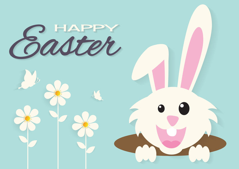 复活节快乐，兔子和鲜花，纸艺术